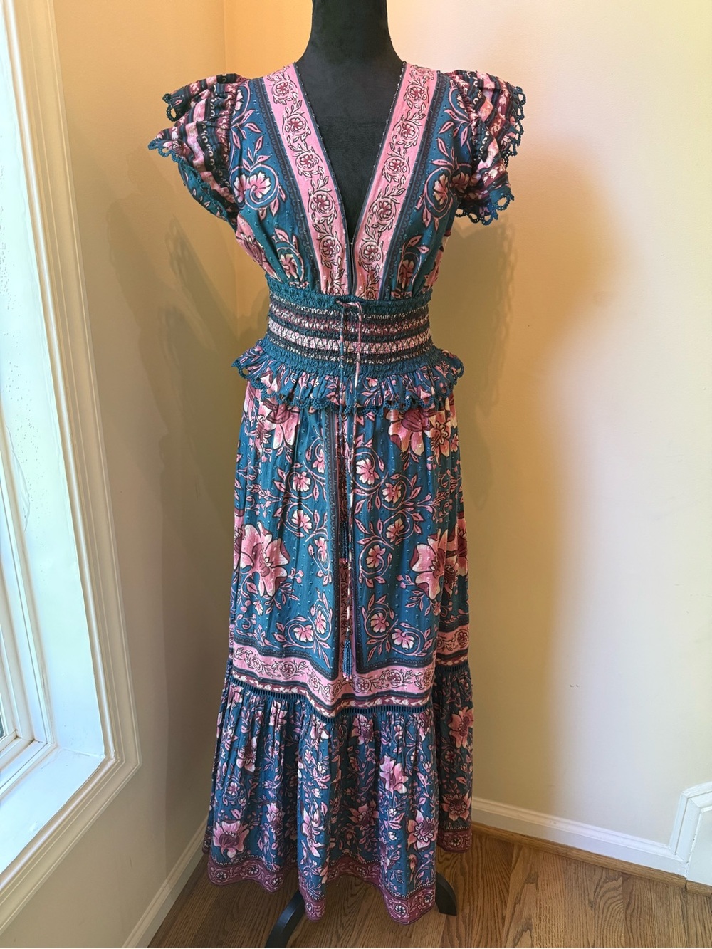Farm Rio Bohemian Floral Maxi Dress in Teal and Pink - Picture 1 of 9